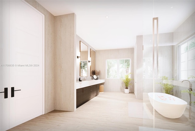 bathroom featuring a bathtub, wood-type flooring, and vanity