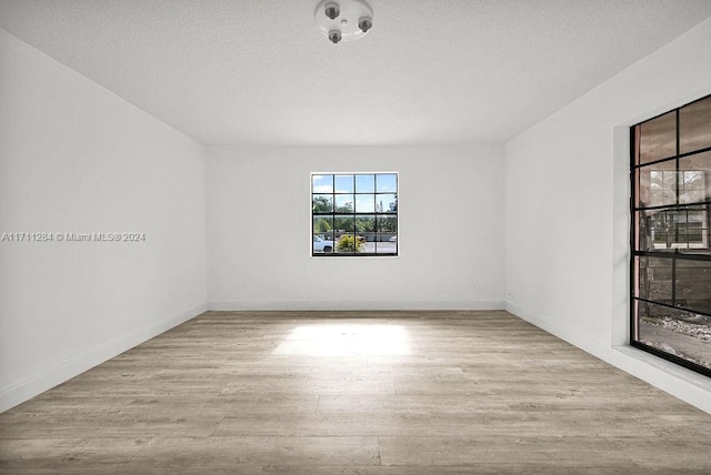 empty room with a textured ceiling and light hardwood / wood-style flooring