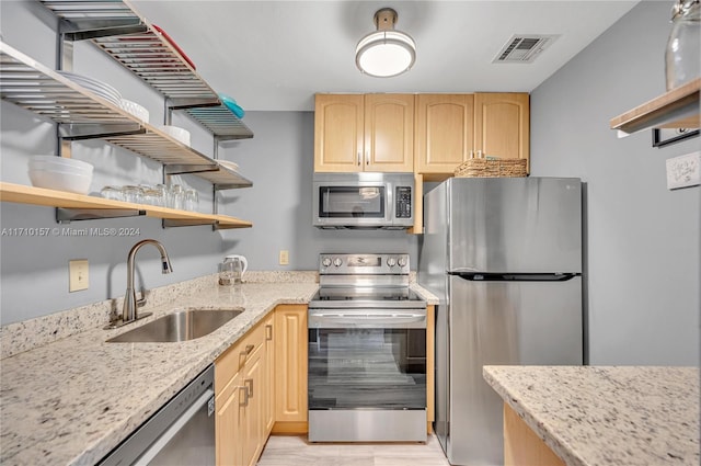 kitchen with light brown cabinetry, light stone countertops, sink, and stainless steel appliances