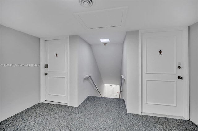 staircase featuring carpet flooring