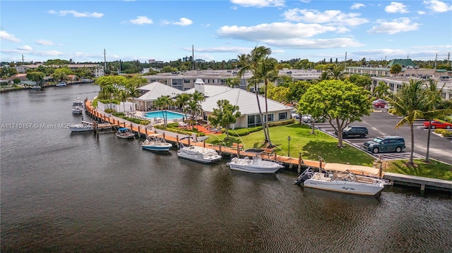 bird's eye view with a water view