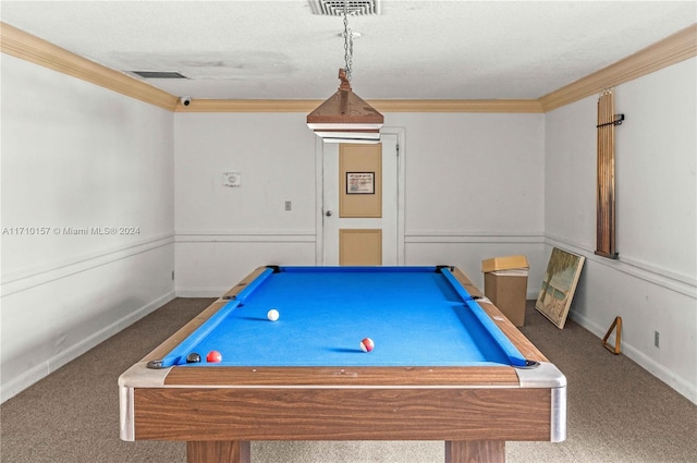 game room with crown molding, carpet floors, a textured ceiling, and pool table