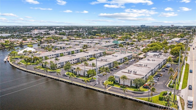 drone / aerial view featuring a water view