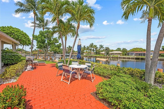 view of patio featuring a water view