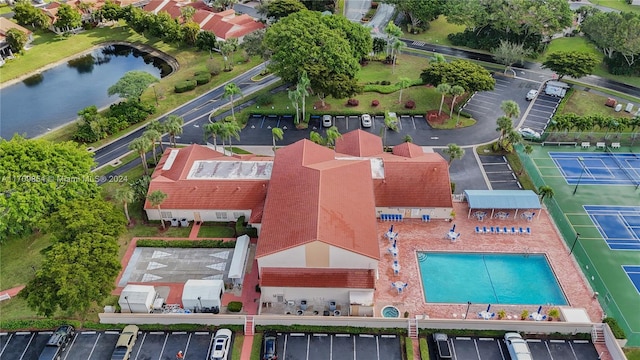 drone / aerial view featuring a water view