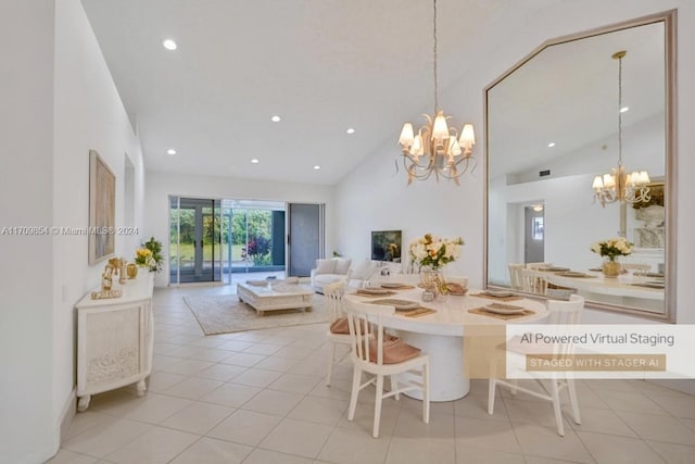 dining space with light tile patterned floors and high vaulted ceiling