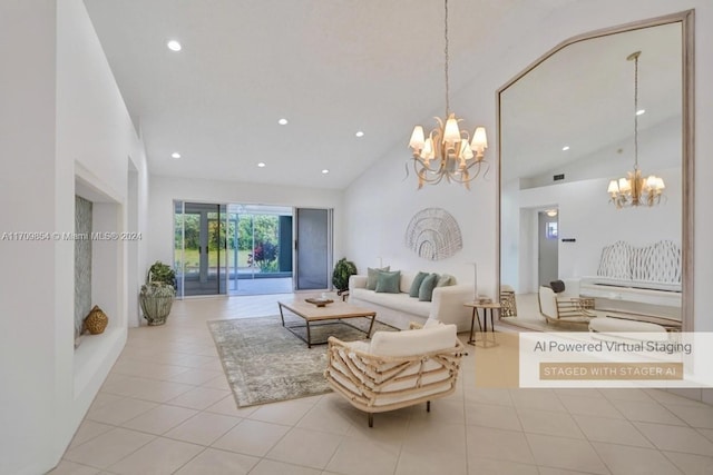 tiled living room featuring high vaulted ceiling