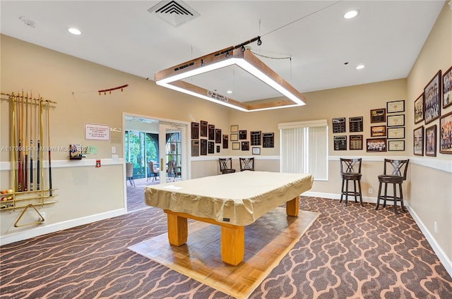 playroom featuring carpet flooring and billiards