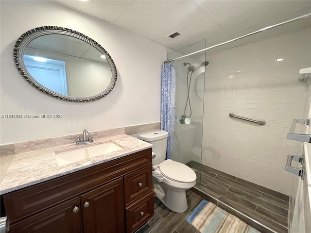 bathroom featuring a shower with curtain, vanity, and toilet