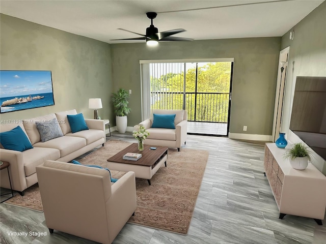 living room featuring ceiling fan