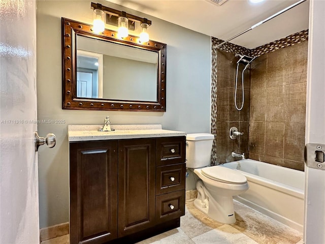 full bathroom with tiled shower / bath combo, vanity, tile patterned flooring, and toilet