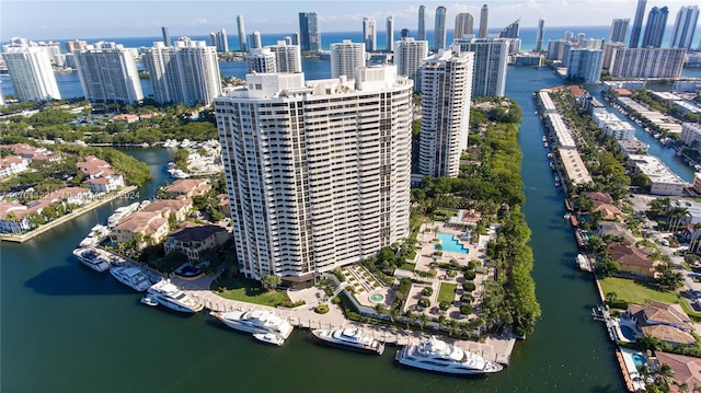 bird's eye view with a water view