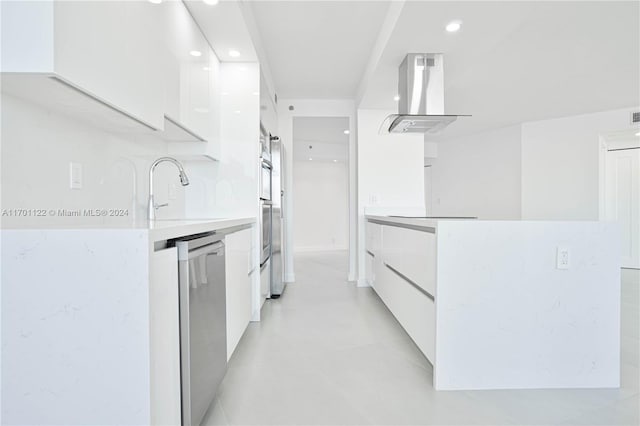 kitchen with wall chimney exhaust hood, dishwasher, sink, and white cabinets