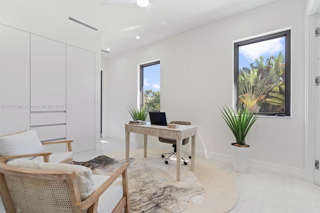 office area with ceiling fan