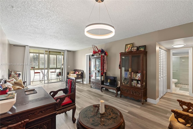 office featuring light hardwood / wood-style floors and a textured ceiling