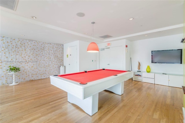 recreation room with light hardwood / wood-style flooring and pool table