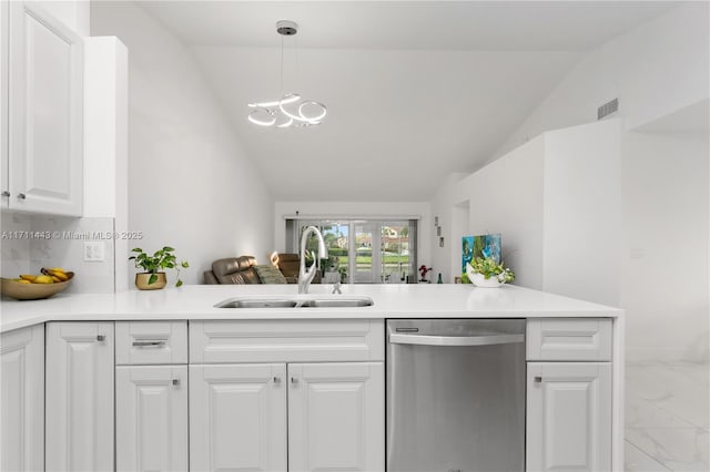 7584 Red Ruby Dr, Delray Beach, FL 33446 - kitchen featuring dishwasher, lofted ceiling, a sink, marble finish flooring, and white cabinetry