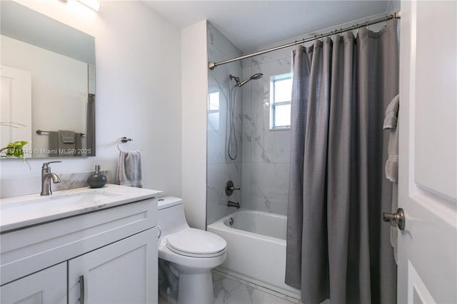 7584 Red Ruby Dr, Delray Beach, FL 33446 - full bath featuring marble look tiles, vanity, toilet, and shower / bath combo with shower curtain