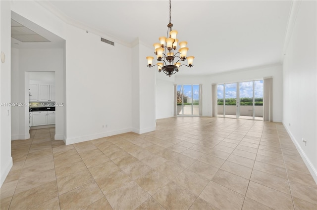 tiled empty room with crown molding and a notable chandelier