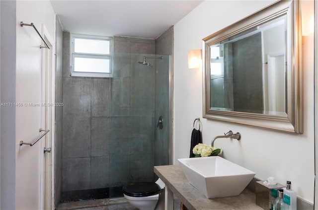 bathroom featuring toilet, vanity, and a shower stall