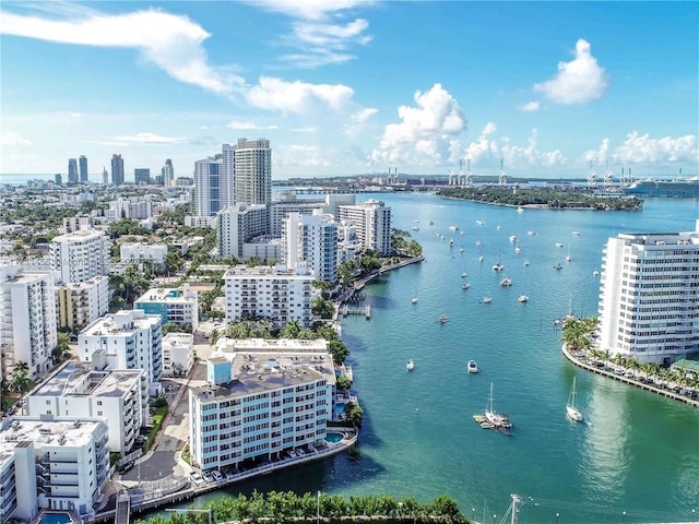 drone / aerial view with a water view and a city view