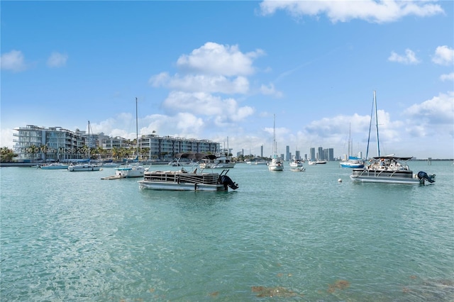 dock area with a water view and a city view