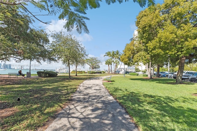 view of community featuring a water view and a lawn