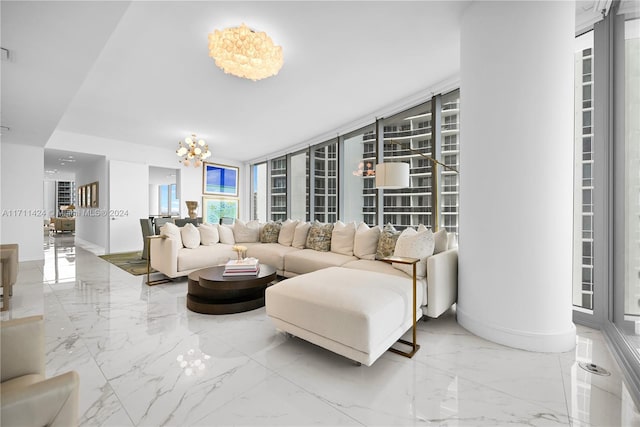 living room featuring a chandelier