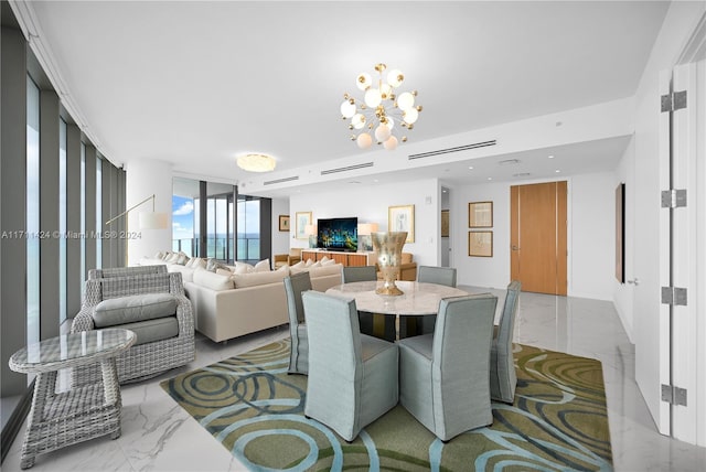 dining space featuring a wall of windows and a notable chandelier