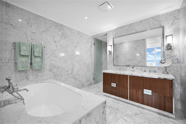 bathroom featuring vanity, a relaxing tiled tub, tile walls, and ornamental molding