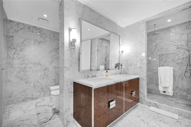 bathroom with crown molding, a bidet, tile walls, toilet, and a shower with shower door