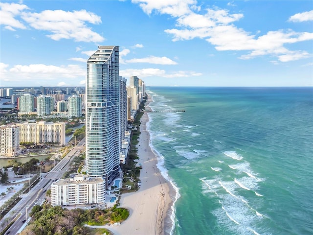 aerial view with a water view and a view of the beach