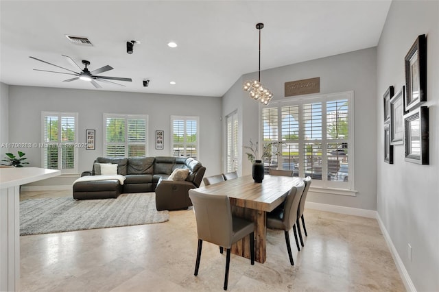 dining area featuring baseboards, ceiling fan, visible vents, and recessed lighting