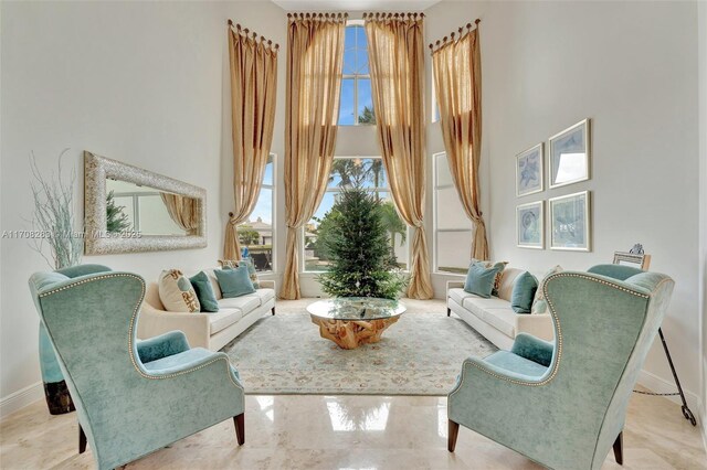 living area with a high ceiling