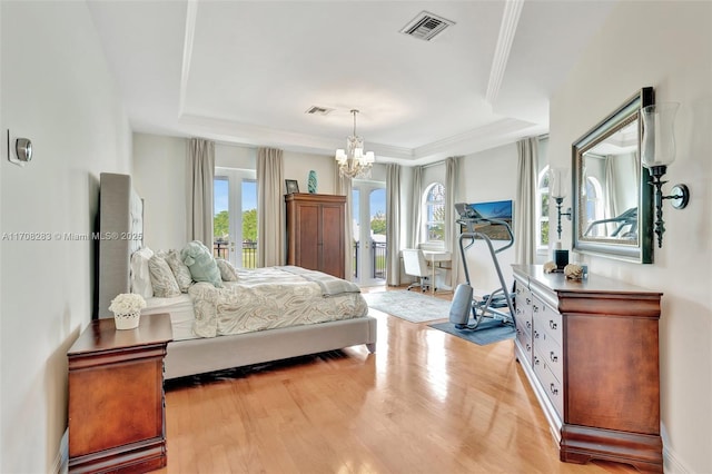 bedroom featuring access to exterior, a tray ceiling, visible vents, and multiple windows