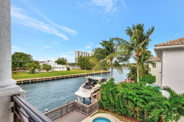 view of water feature with a boat dock