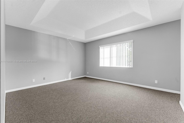 carpeted empty room featuring a tray ceiling and a textured ceiling