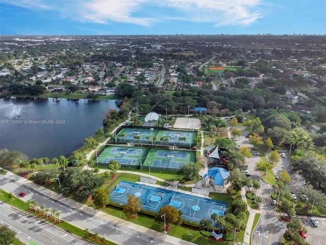 aerial view featuring a water view