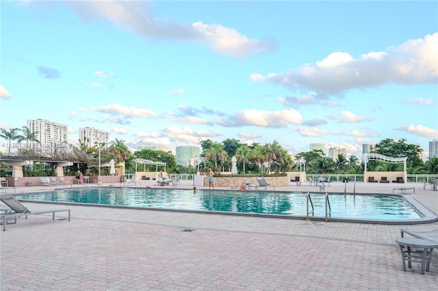 view of swimming pool featuring a patio area