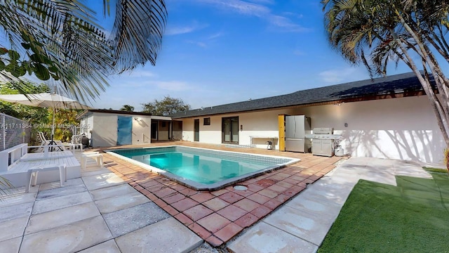 view of swimming pool with a patio area