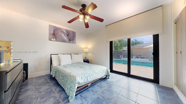 bedroom with ceiling fan and access to outside