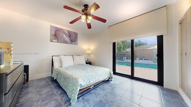 bedroom featuring ceiling fan and access to outside