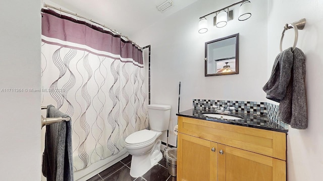 bathroom featuring vanity, backsplash, toilet, and a shower with shower curtain