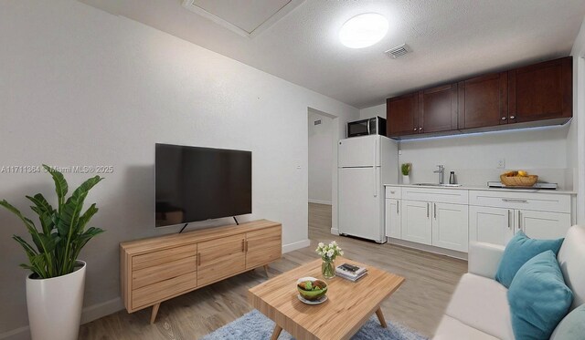 living room featuring sink, a textured ceiling, and light hardwood / wood-style flooring