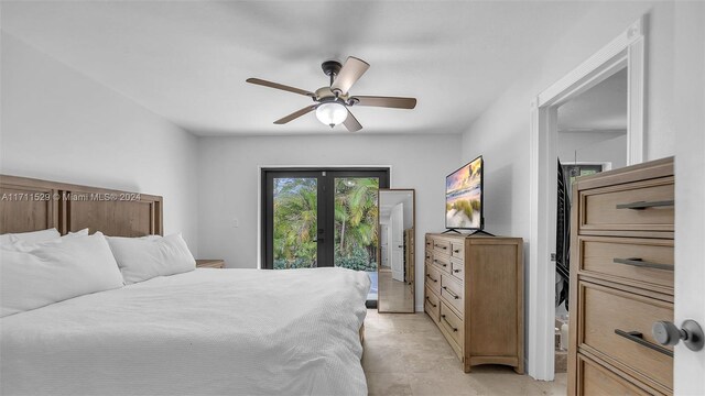 bedroom featuring access to exterior, french doors, and ceiling fan