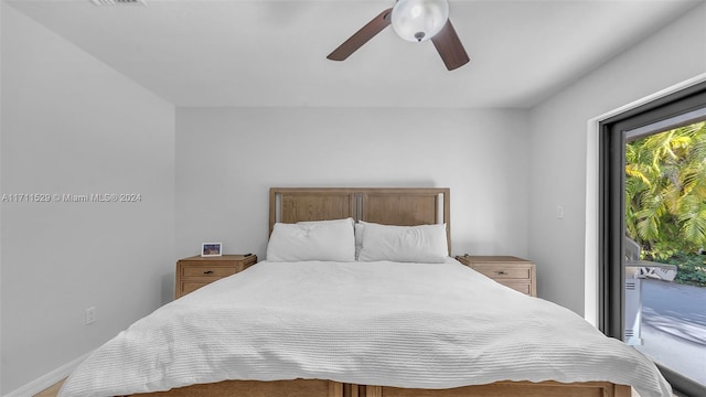 bedroom featuring access to outside and ceiling fan