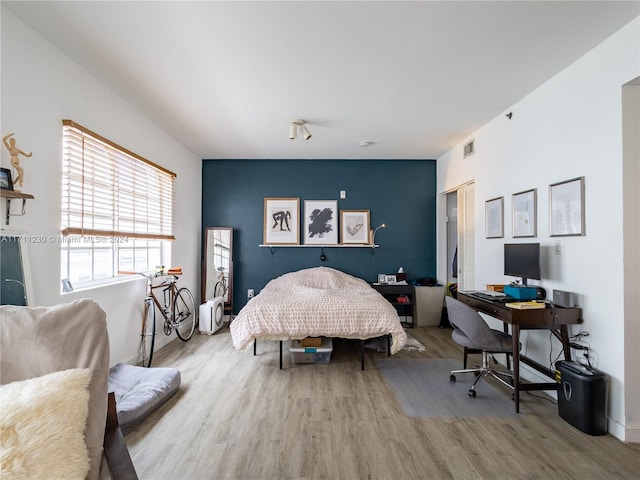 bedroom with a closet and hardwood / wood-style floors