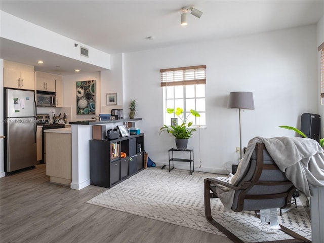 kitchen with kitchen peninsula, a breakfast bar, stainless steel appliances, and light hardwood / wood-style floors