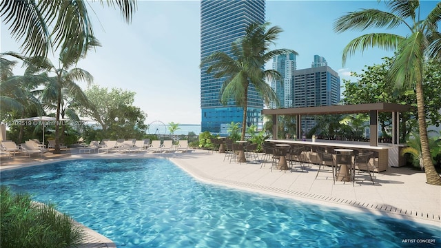 view of pool featuring a patio area and a bar