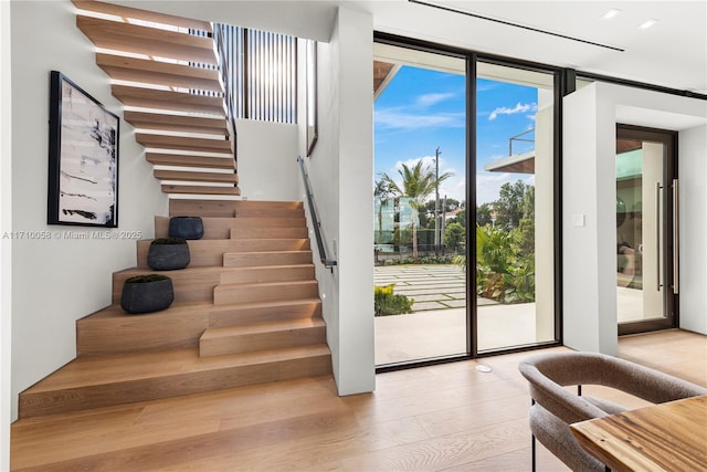 doorway featuring expansive windows and light wood-type flooring